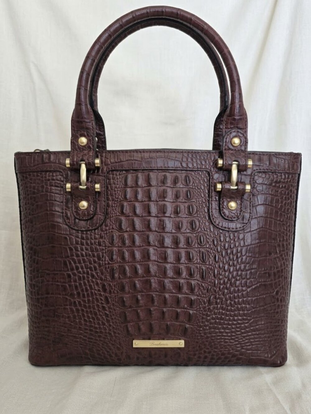 Etienne Aigner Brown Crocodile Embossed Genuine Leather Satchel Handbag – 72071